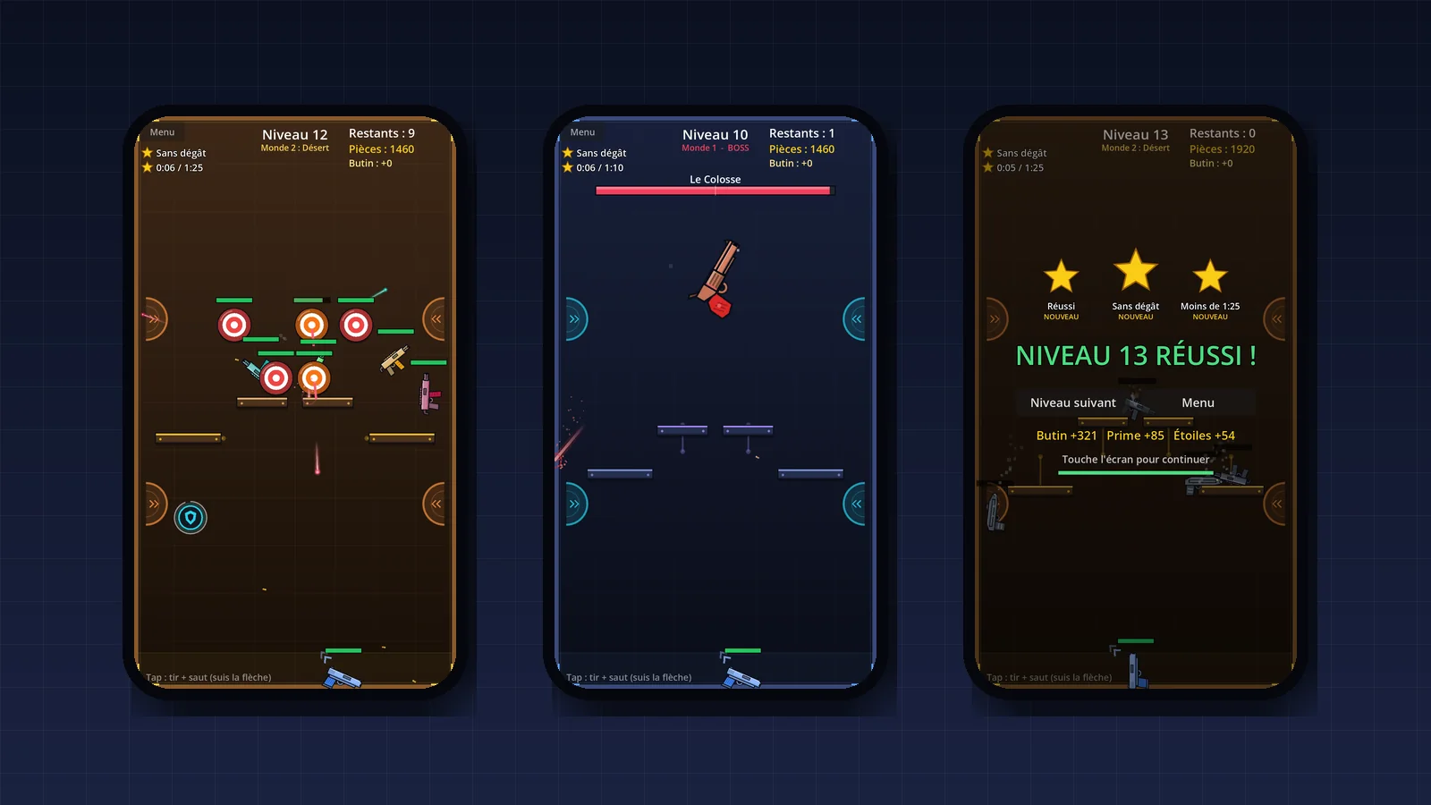 Captures du jeu mobile Pistol Battle : un niveau du monde Désert, le combat contre le boss Le Colosse et l'écran de victoire avec trois étoiles